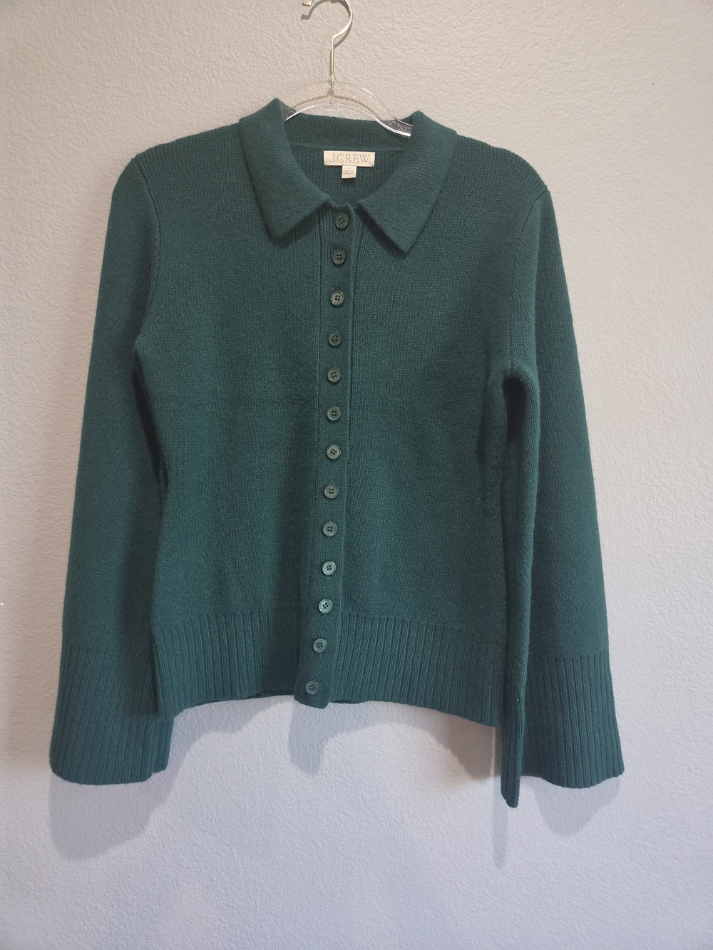 J. Crew Women's Green Button-Up Collared Sweater